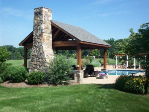 Master plan with pool, patio, deck, pavilion, pergola, fireplace